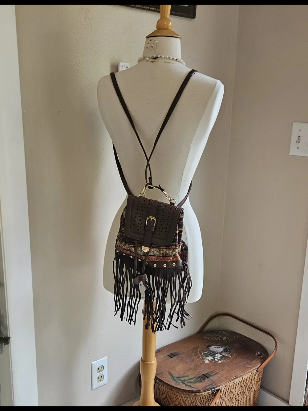 Fringed Brown Multi-Color Woven Crossbody Bag